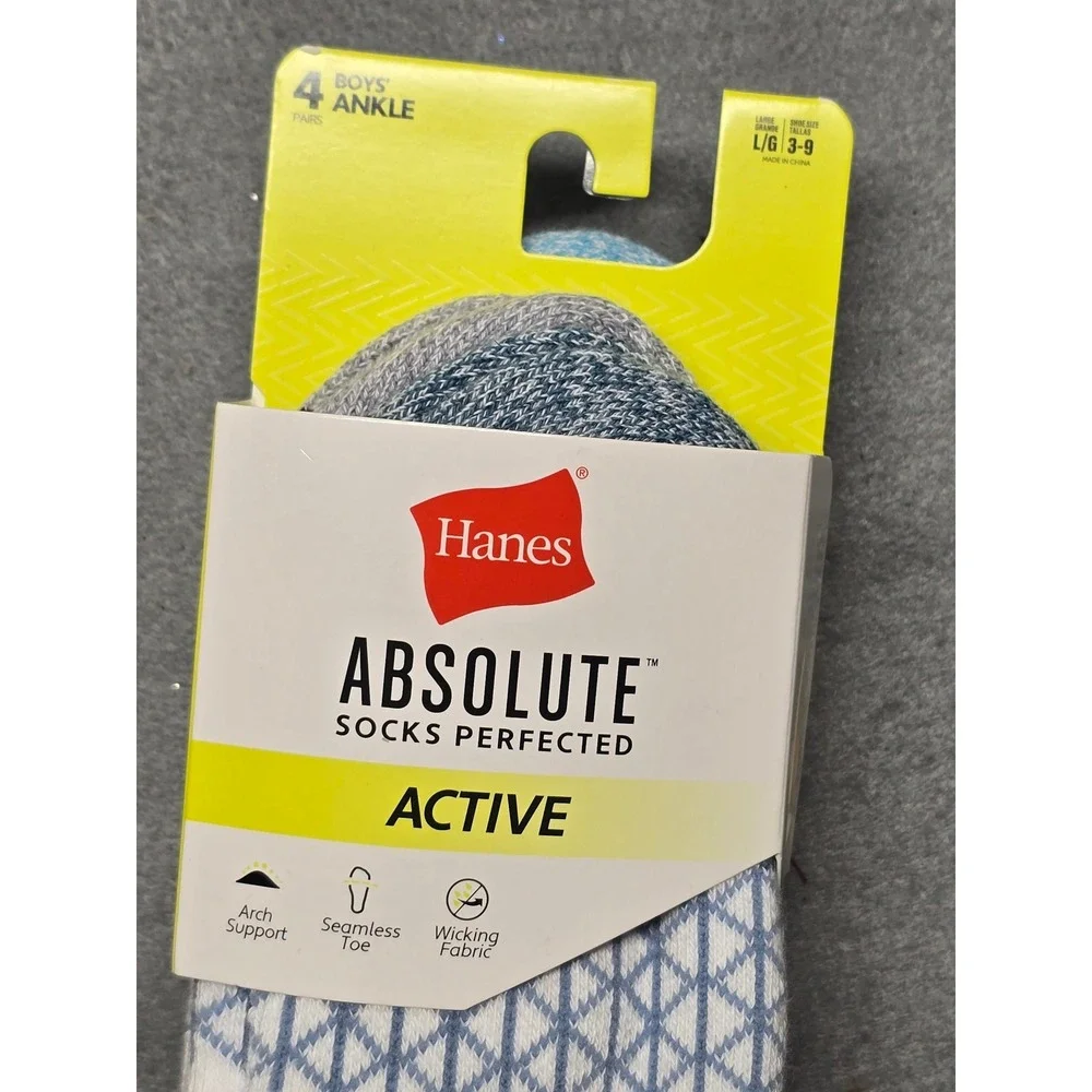 Hanes Absolute Active Ankle Socks 4 Pair Pack White Blue Large Shoe Size 3-9